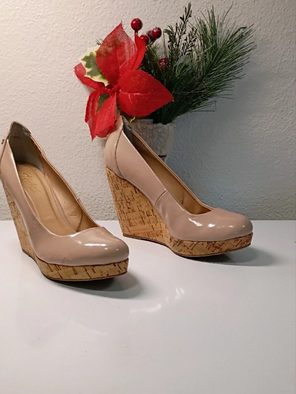 Thalia Sodi Nude Patent Platform Pumps with Cork-Style Sole